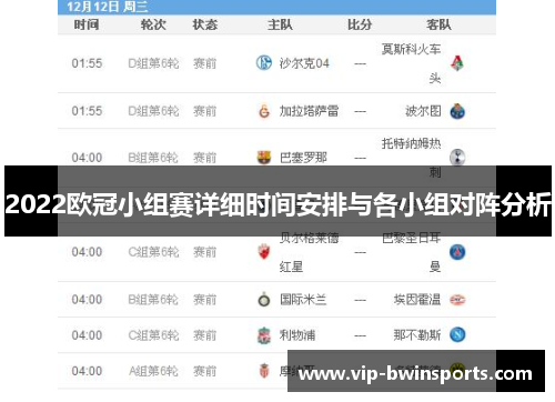 2022欧冠小组赛详细时间安排与各小组对阵分析